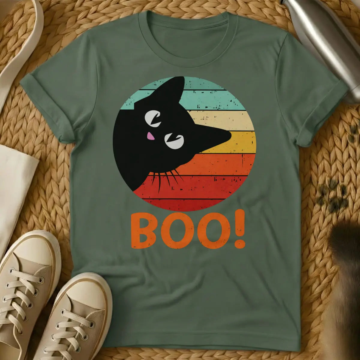 Retro Boo Cat Shirt - Military Green Cat T-Shirt
