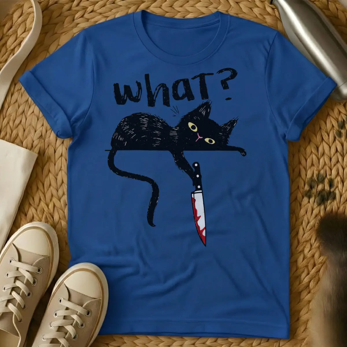 Black Cat Knife Tee - Blue T-Shirt - creepy cute, dark streetwear, gothic cat