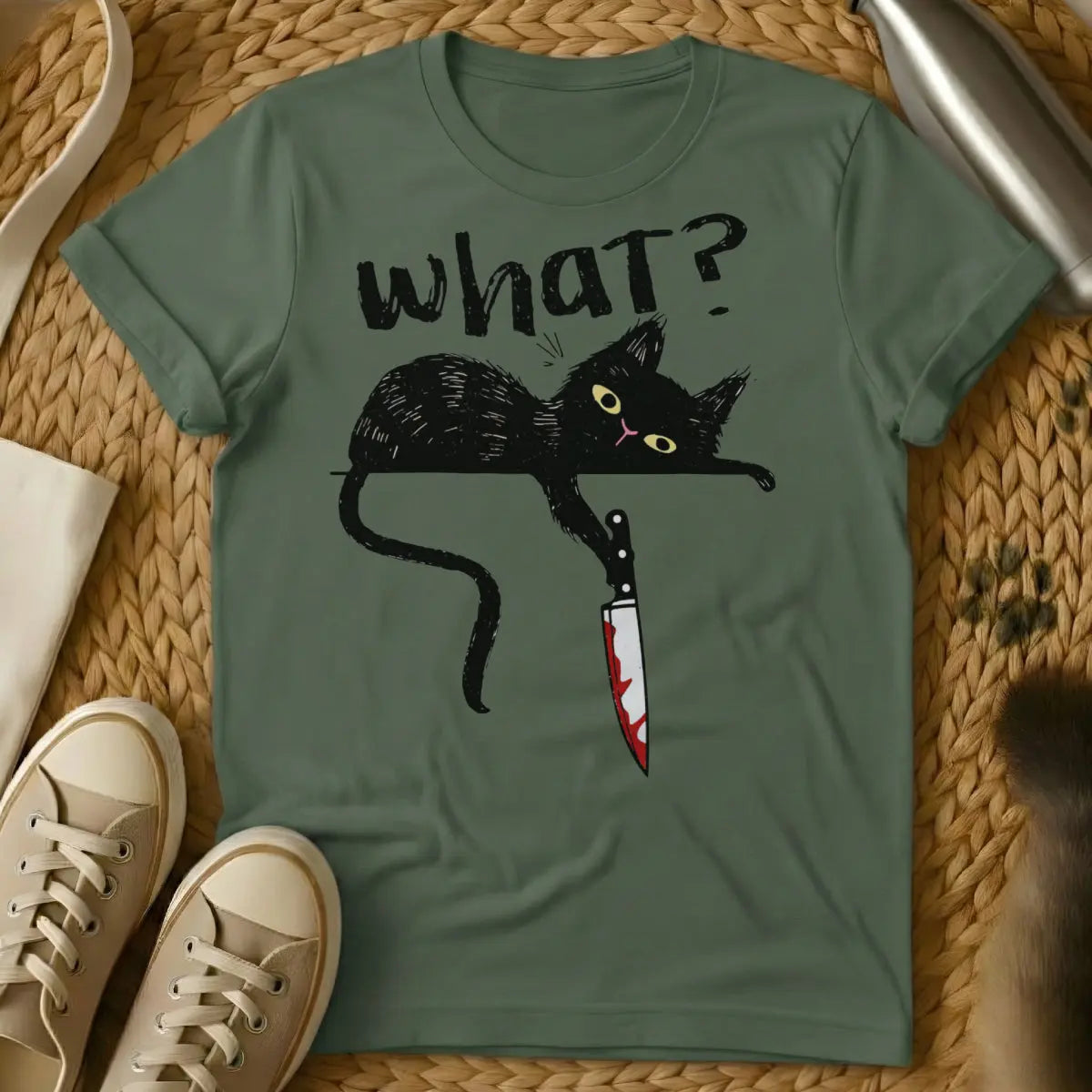 Black Cat Knife Tee - Military Green T-Shirt - creepy cute, dark streetwear, gothic cat