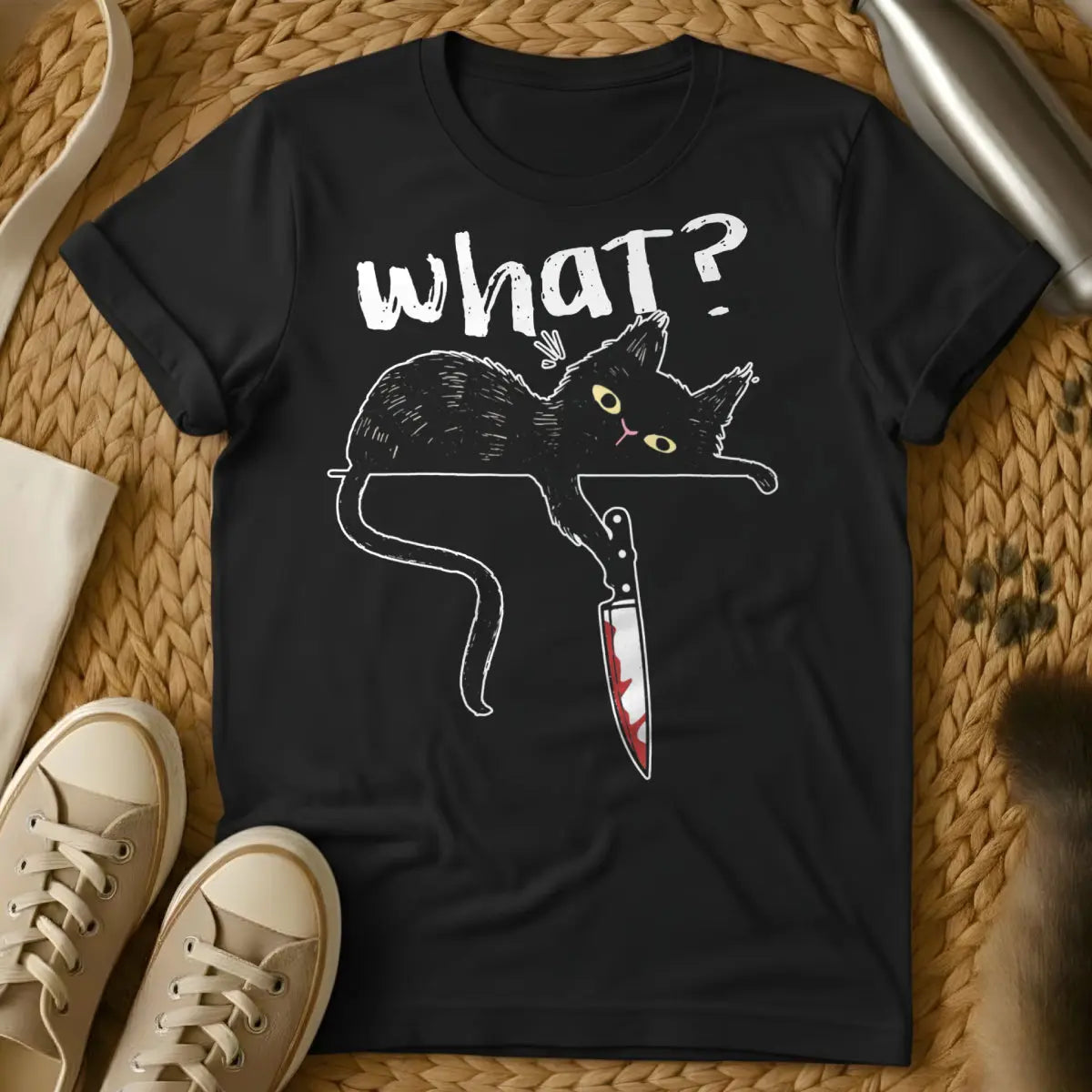 Black Cat Knife Tee - Black T-Shirt - creepy cute, dark streetwear, gothic cat