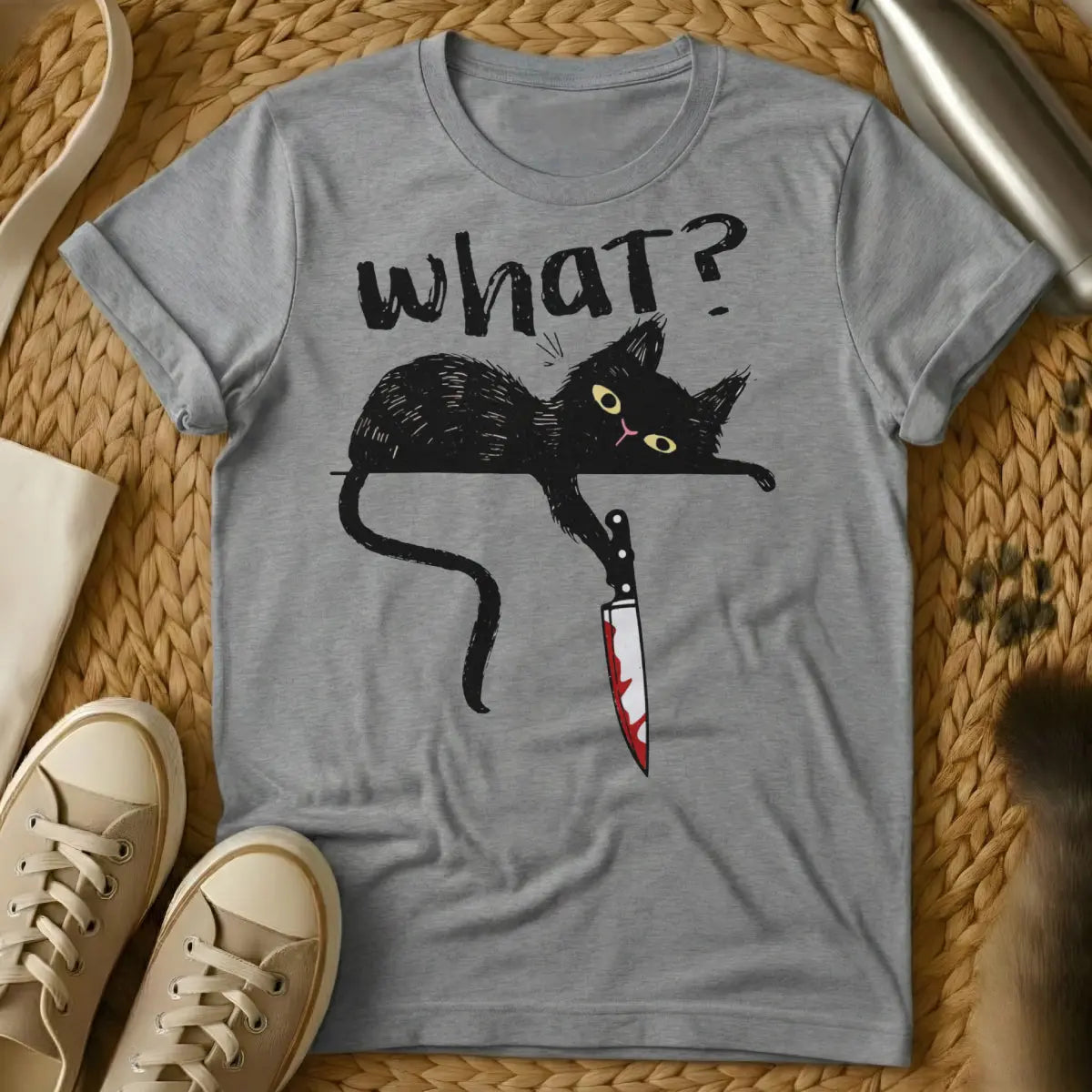 Black Cat Knife Tee - Gray T-Shirt - creepy cute, dark streetwear, gothic cat