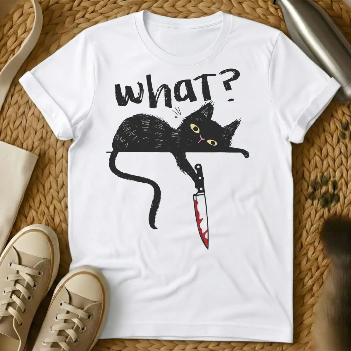 Black Cat Knife Tee - White T-Shirt - creepy cute, dark streetwear, gothic cat