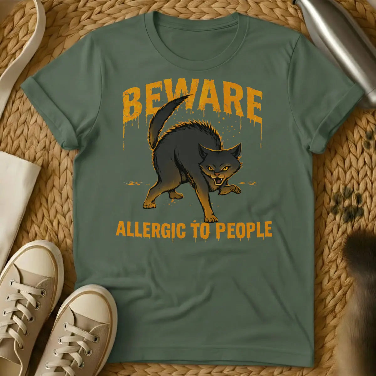 Sassy Angry Cat Shirt - Military Green Cat T-Shirt