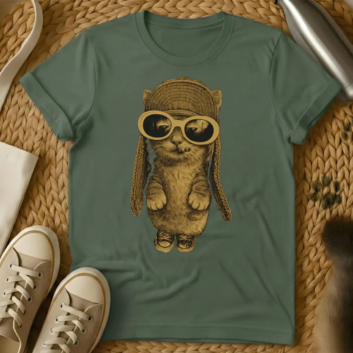 Cobain Cat Shirt - Military Green T-Shirt - 90s alternative fashion, anti-conformist design, grunge aesthetic
