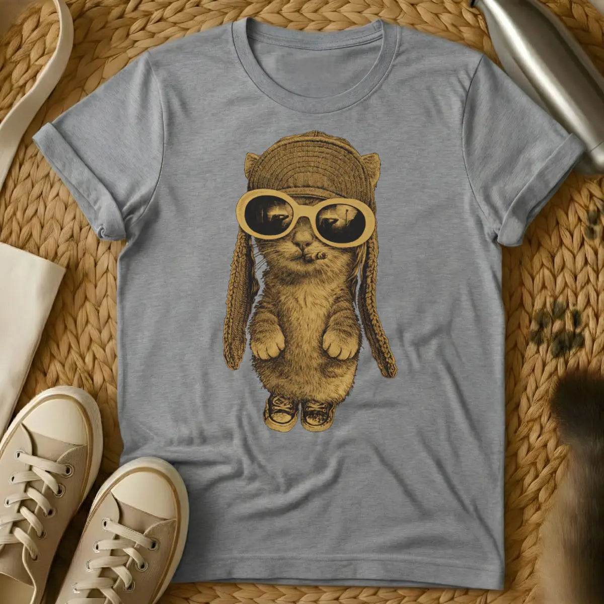 Cobain Cat Shirt - Gray T-Shirt - 90s alternative fashion, anti-conformist design, grunge aesthetic