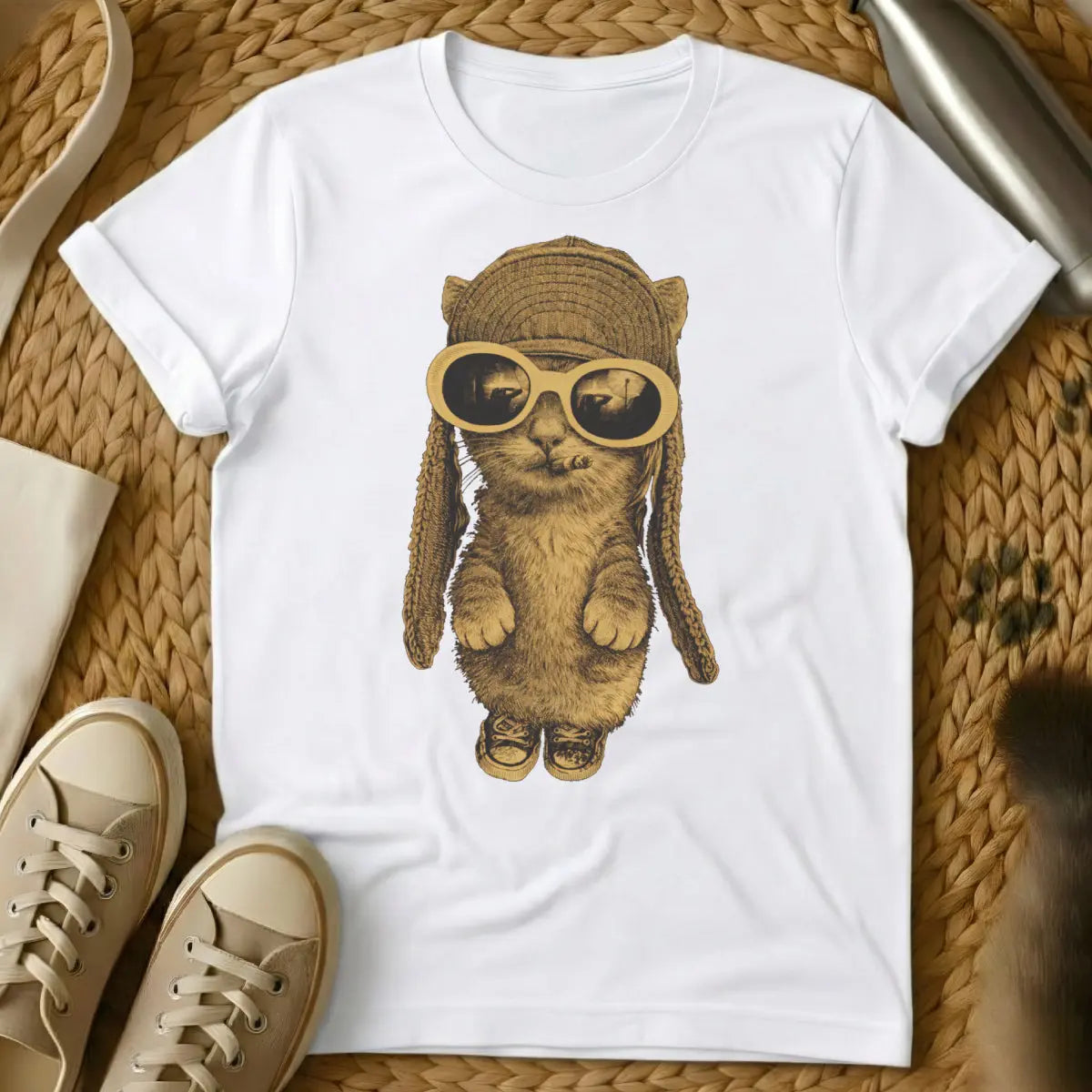 Cobain Cat Shirt - White T-Shirt - 90s alternative fashion, anti-conformist design, grunge aesthetic