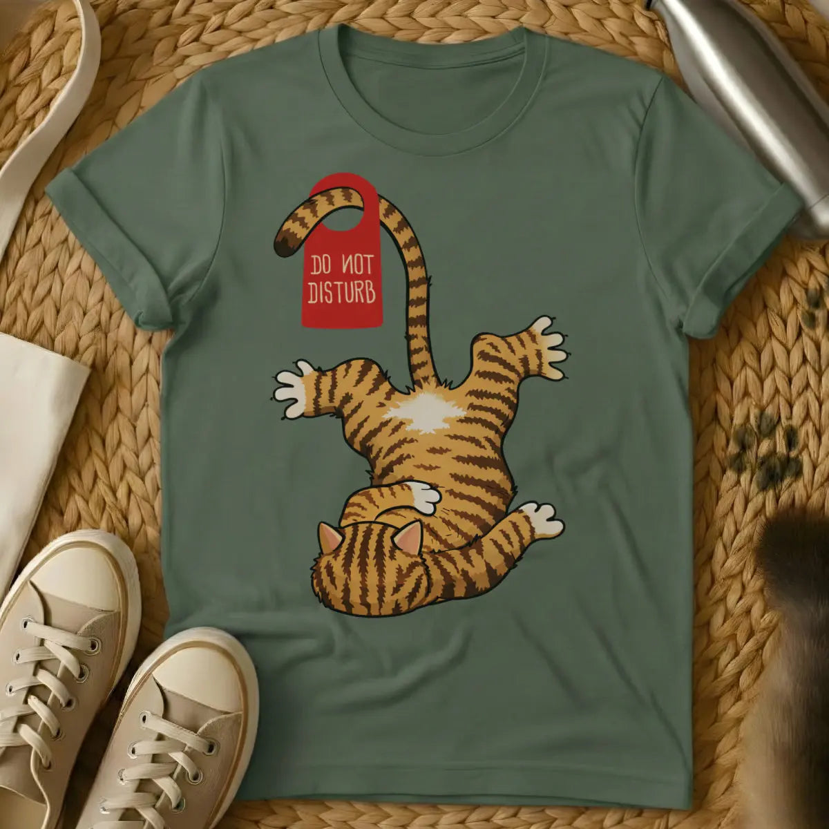 Lazy Cat Graphic Shirt - Military Green Cat T-Shirt