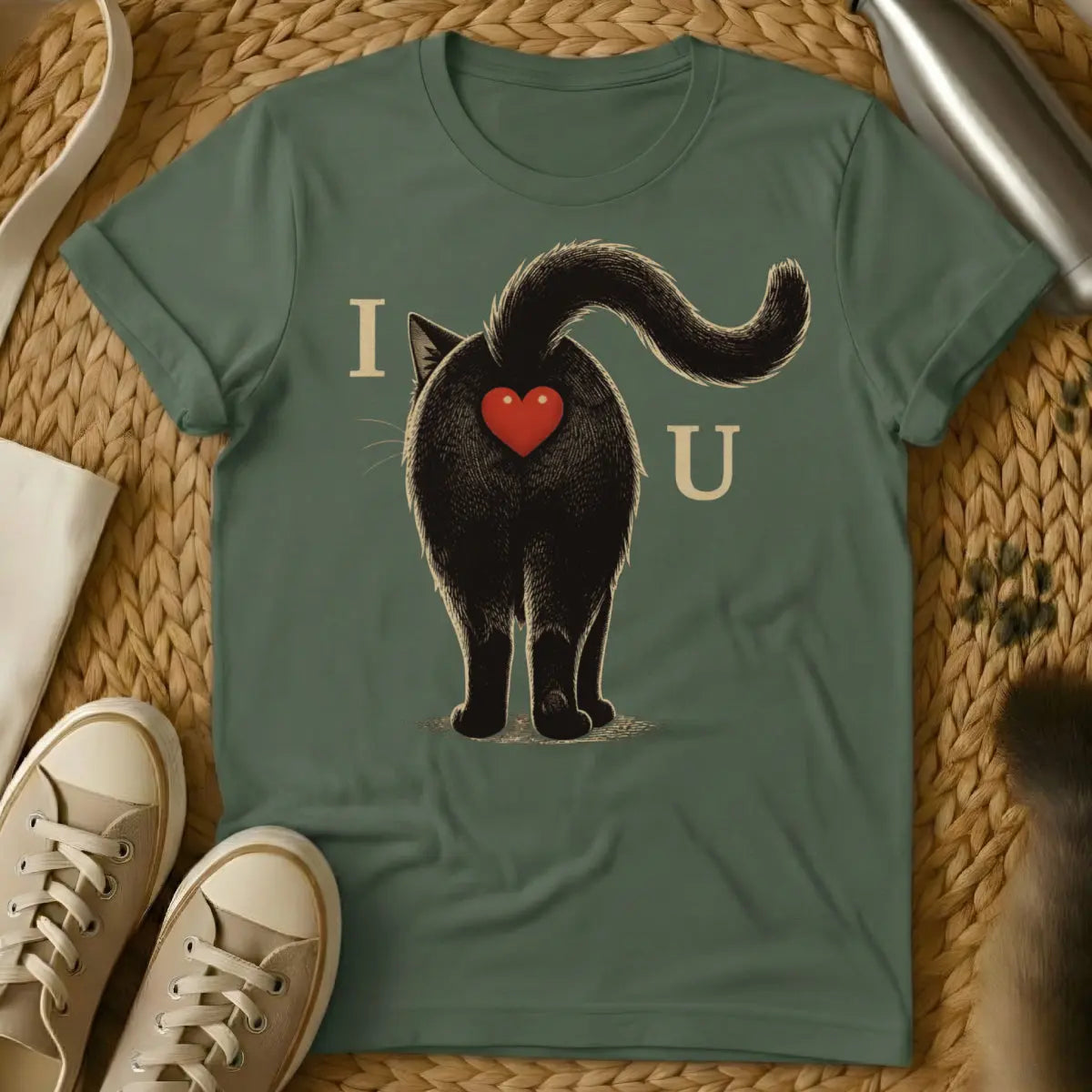 Cat Rear View Shirt - Military Green T-Shirt - aloof animal design, anthropomorphic cat humor, feline body language