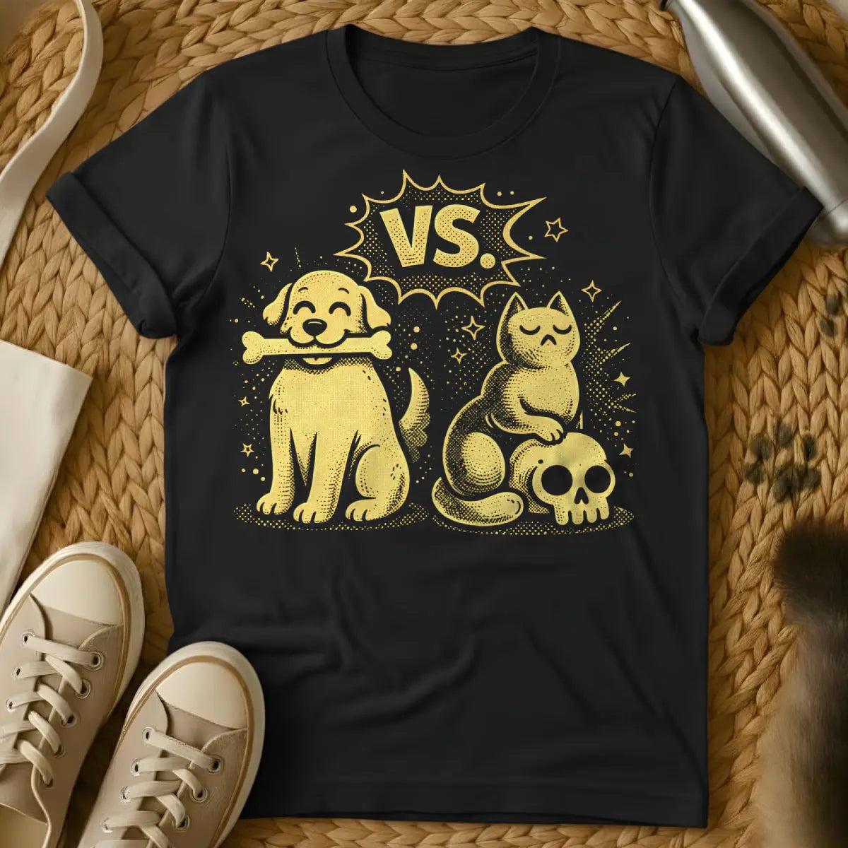 Dogs Vs Cats Shirt - Black T-Shirt - cat parent bragging rights, dog vs cat debate merch, feline superiority complex