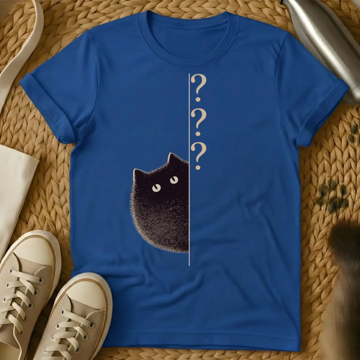 Curious Cat Shirt - Blue T-Shirt - cat logic whimsy, cyclical cat behavior, feline bureaucracy