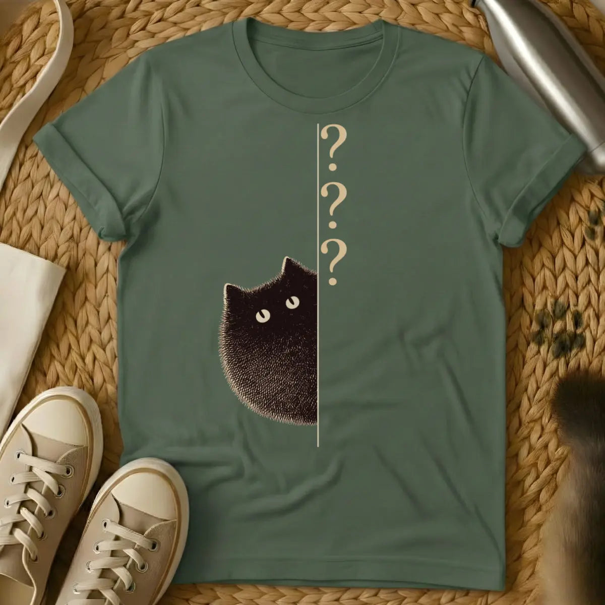Curious Cat Shirt - Military Green T-Shirt - cat logic whimsy, cyclical cat behavior, feline bureaucracy
