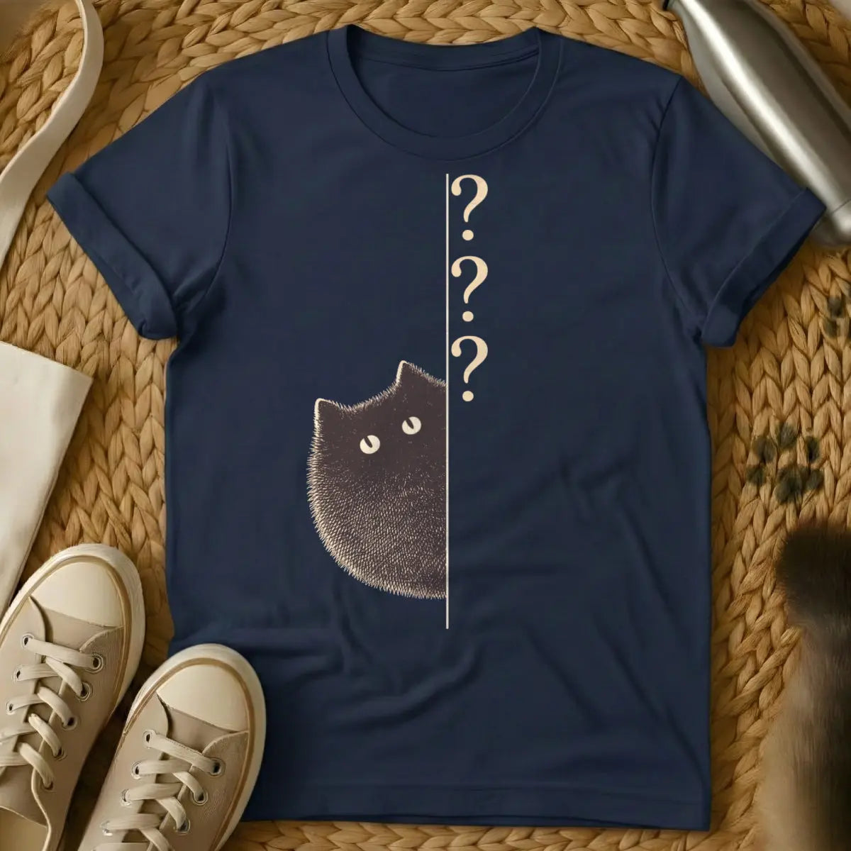 Curious Cat Shirt - Navy T-Shirt - cat logic whimsy, cyclical cat behavior, feline bureaucracy