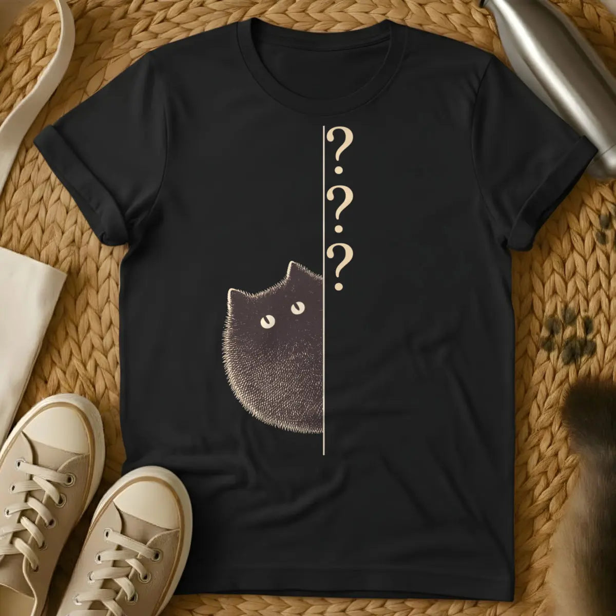 Curious Cat Shirt - Black T-Shirt - cat logic whimsy, cyclical cat behavior, feline bureaucracy