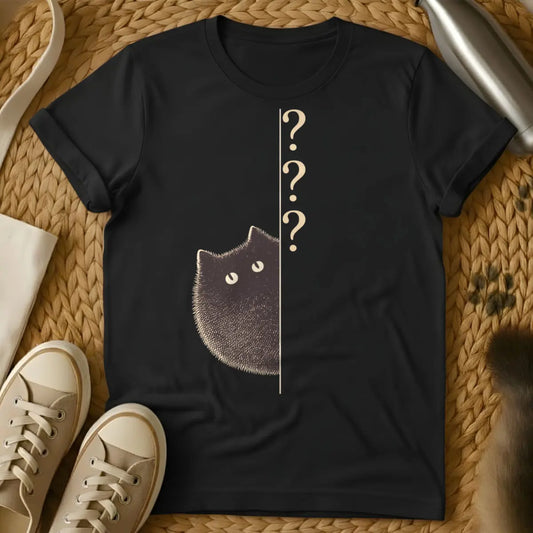 Curious Cat Shirt - Black T-Shirt - cat logic whimsy, cyclical cat behavior, feline bureaucracy