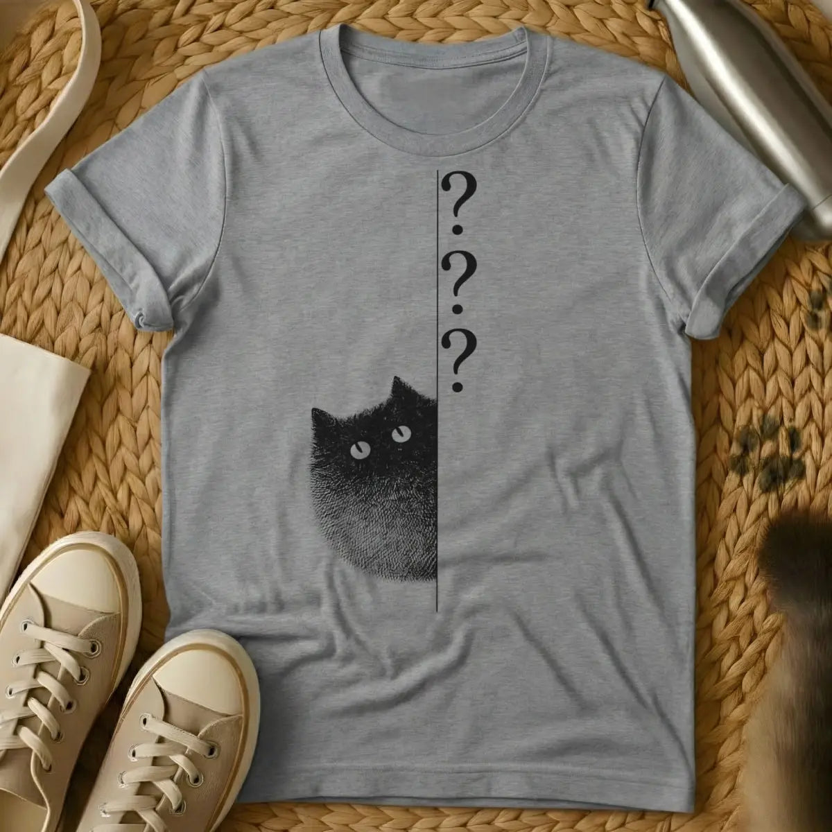 Curious Cat Shirt - Gray T-Shirt - cat logic whimsy, cyclical cat behavior, feline bureaucracy