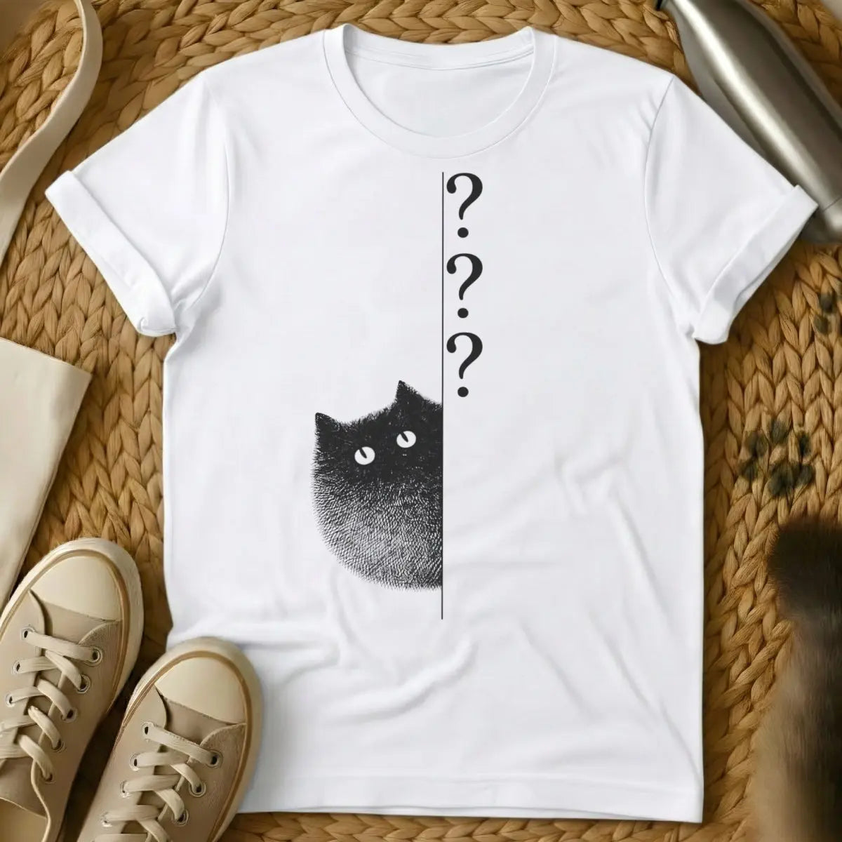 Curious Cat Shirt - White T-Shirt - cat logic whimsy, cyclical cat behavior, feline bureaucracy