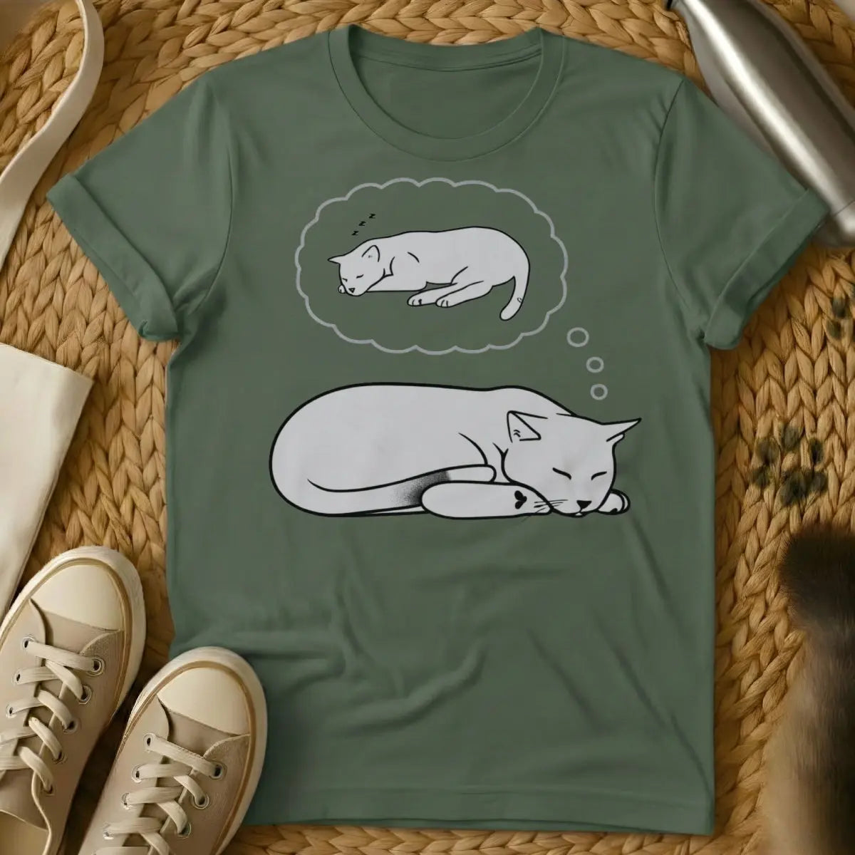 Dreaming Cat Tee - Military Green T-Shirt - astral projection, dreamcore, feline dreamscape