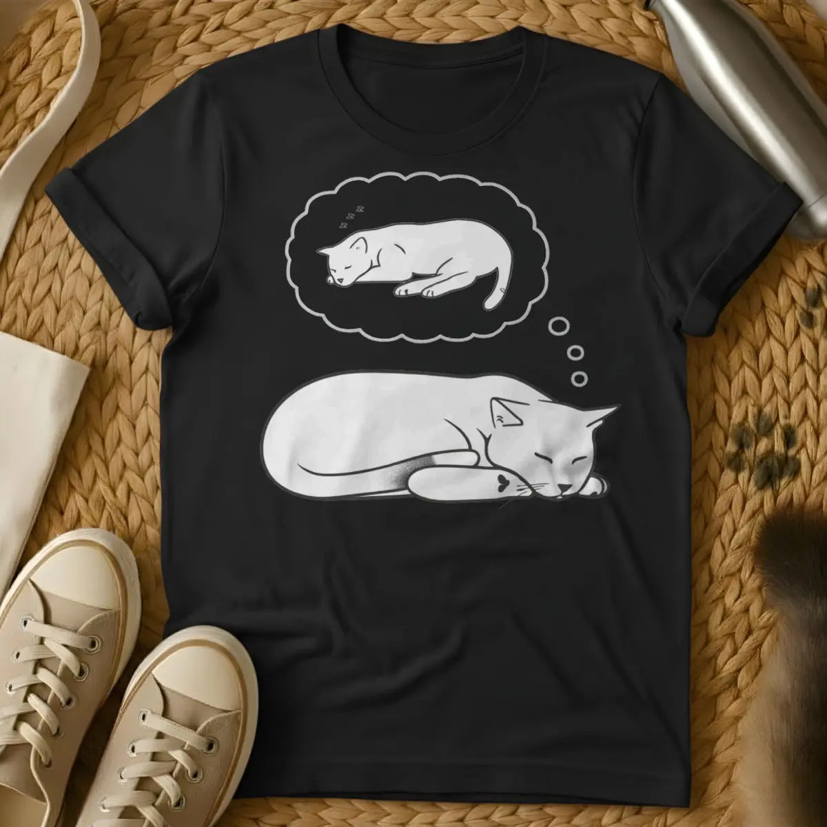 Dreaming Cat Tee - Black T-Shirt - astral projection, dreamcore, feline dreamscape