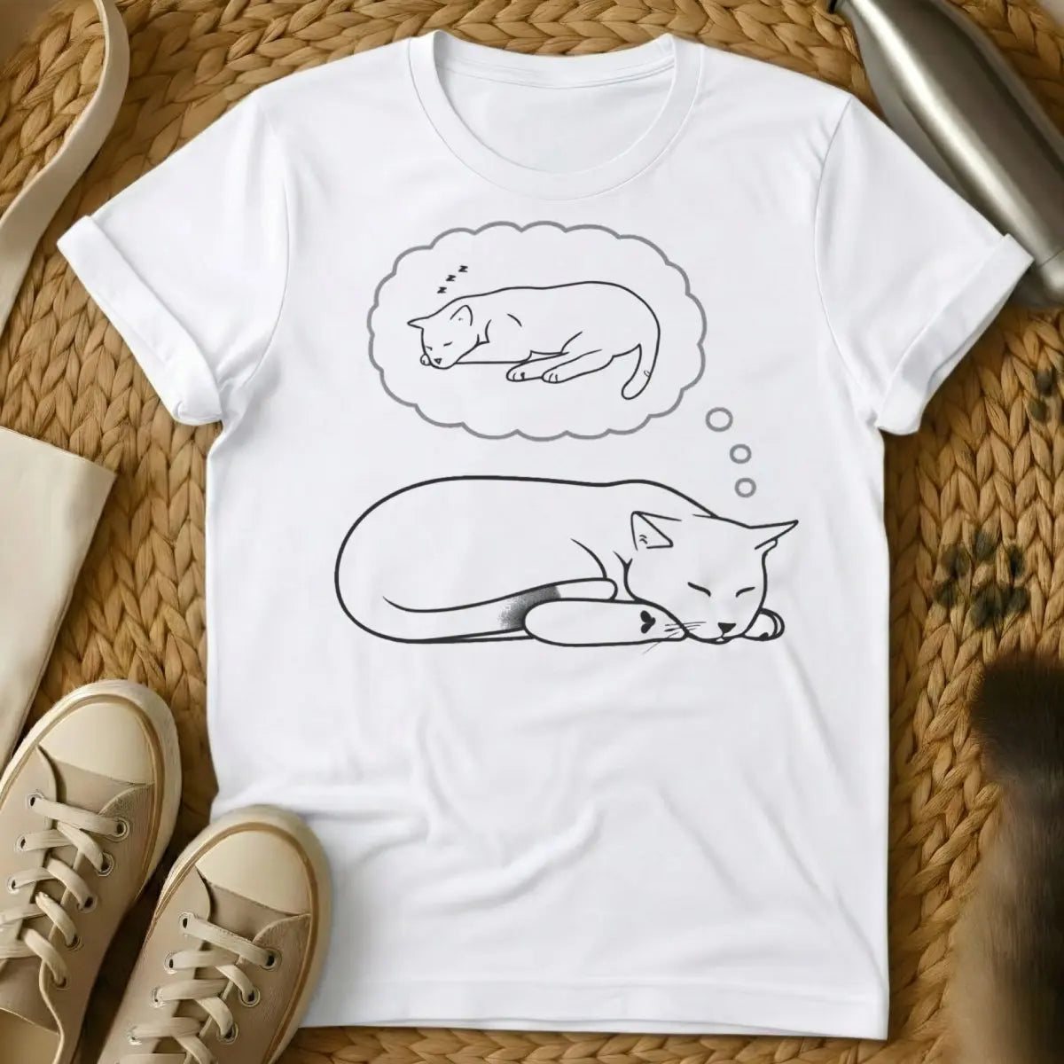 Dreaming Cat Tee - White T-Shirt - astral projection, dreamcore, feline dreamscape