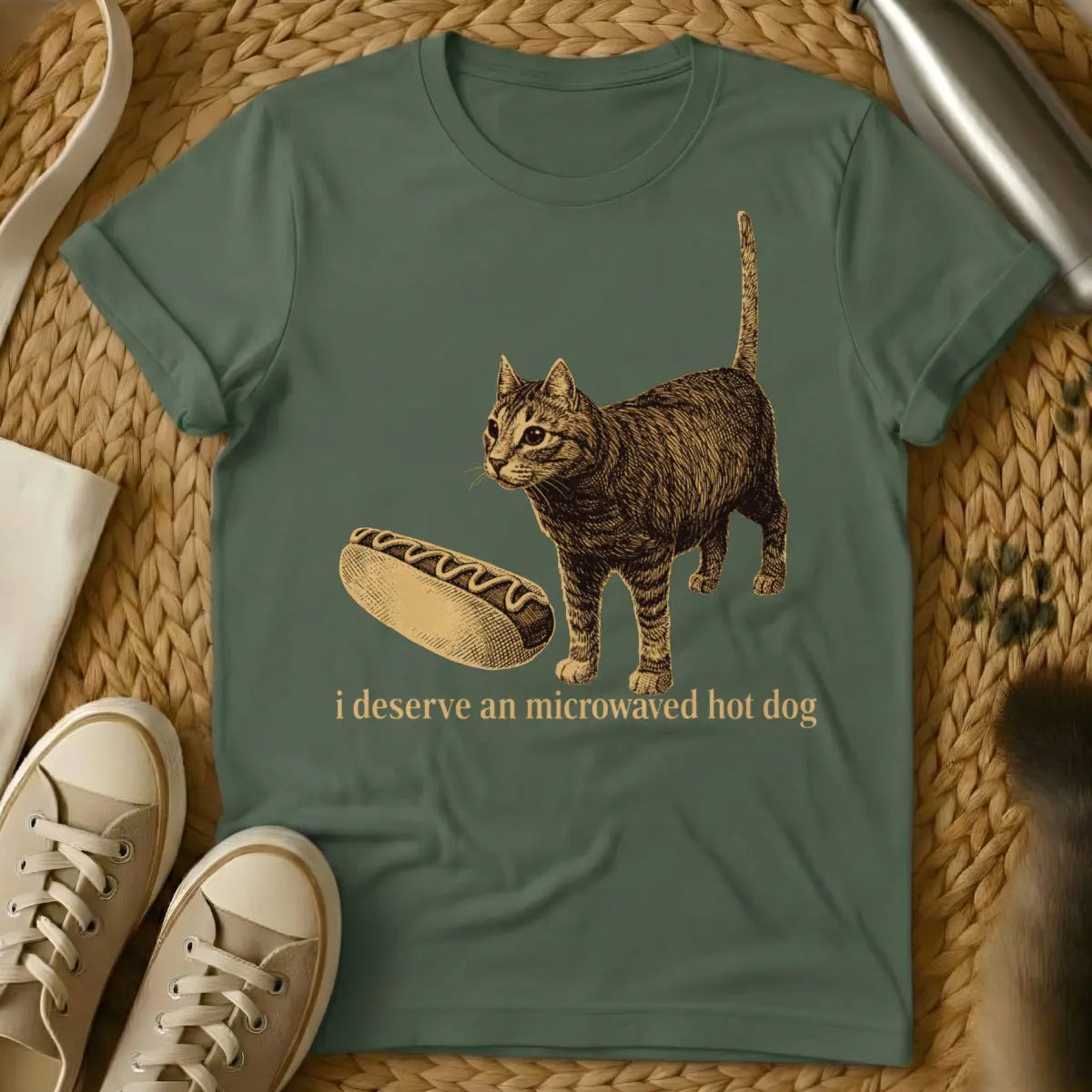 Hot Dog Cat Tee - Military Green Cat T-Shirt