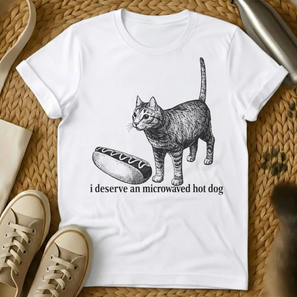 Hot Dog Cat Tee - White Cat T-Shirt