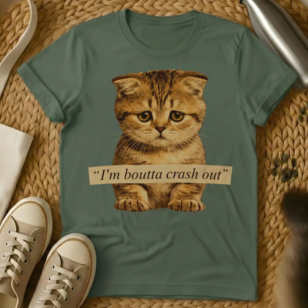 Crash Out Cat Shirt - Military Green T-Shirt - champion napper, do not disturb vibe, feline burnout