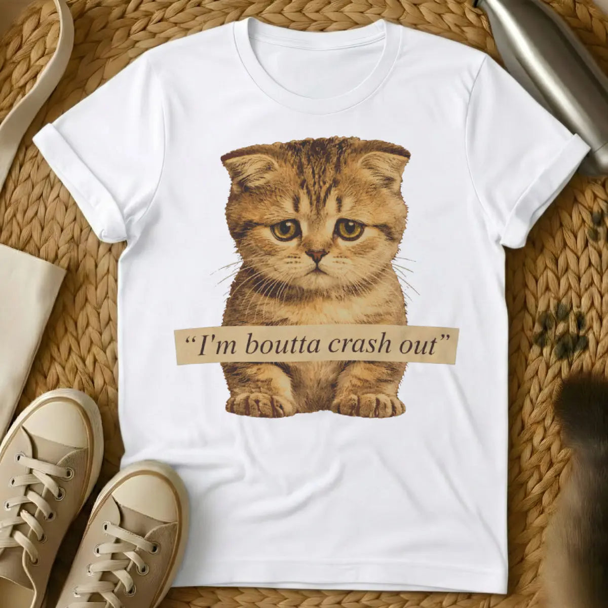 Crash Out Cat Shirt - White T-Shirt - champion napper, do not disturb vibe, feline burnout