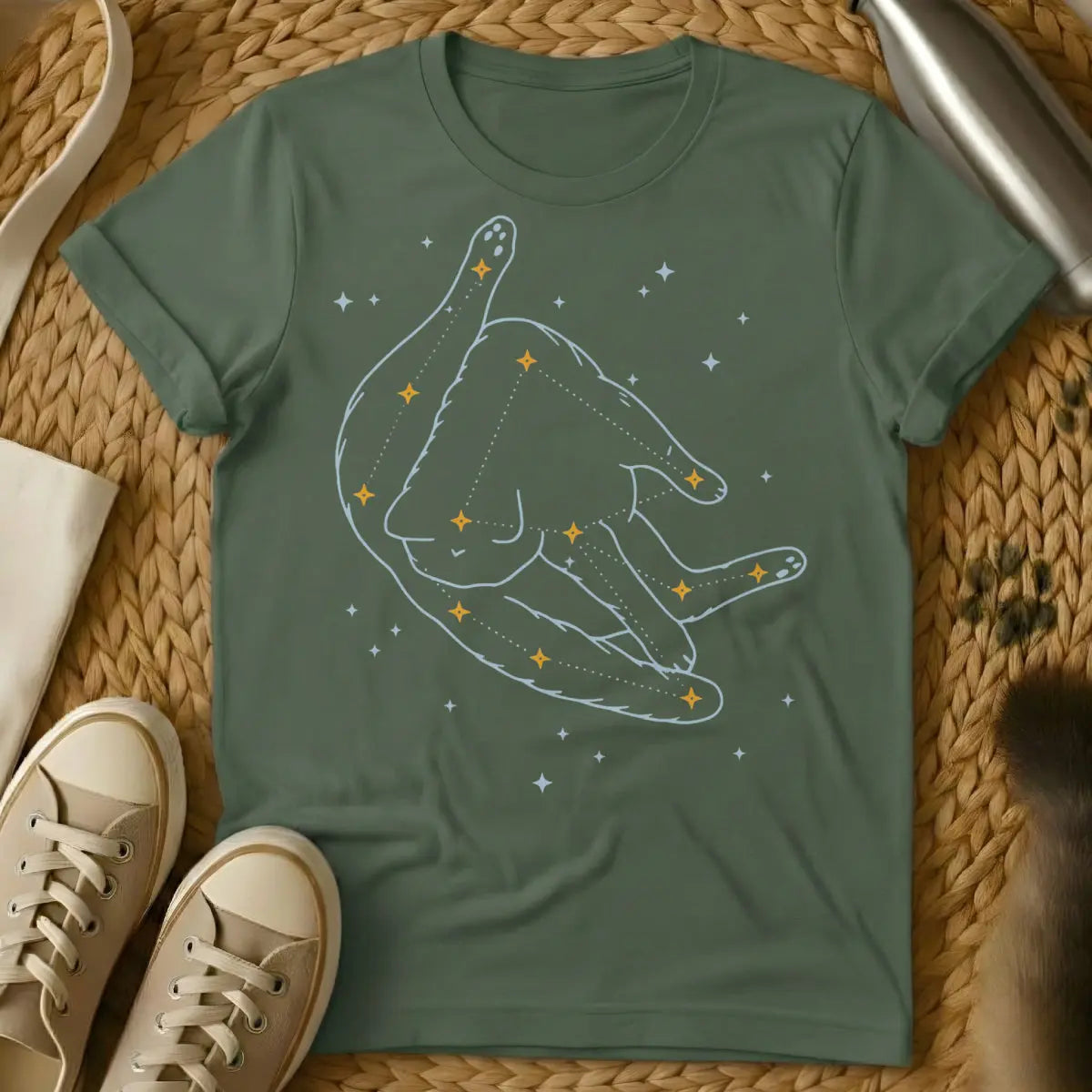 Astronomy Cat Tee - Military Green T-Shirt - astrophile cat, celestial feline, cosmic observer