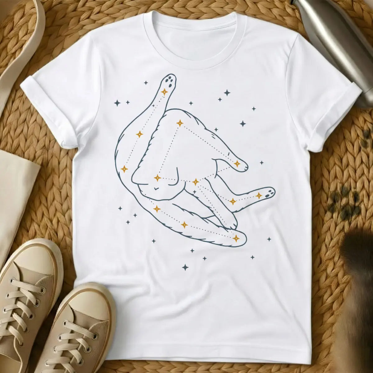 Astronomy Cat Tee - White T-Shirt - astrophile cat, celestial feline, cosmic observer