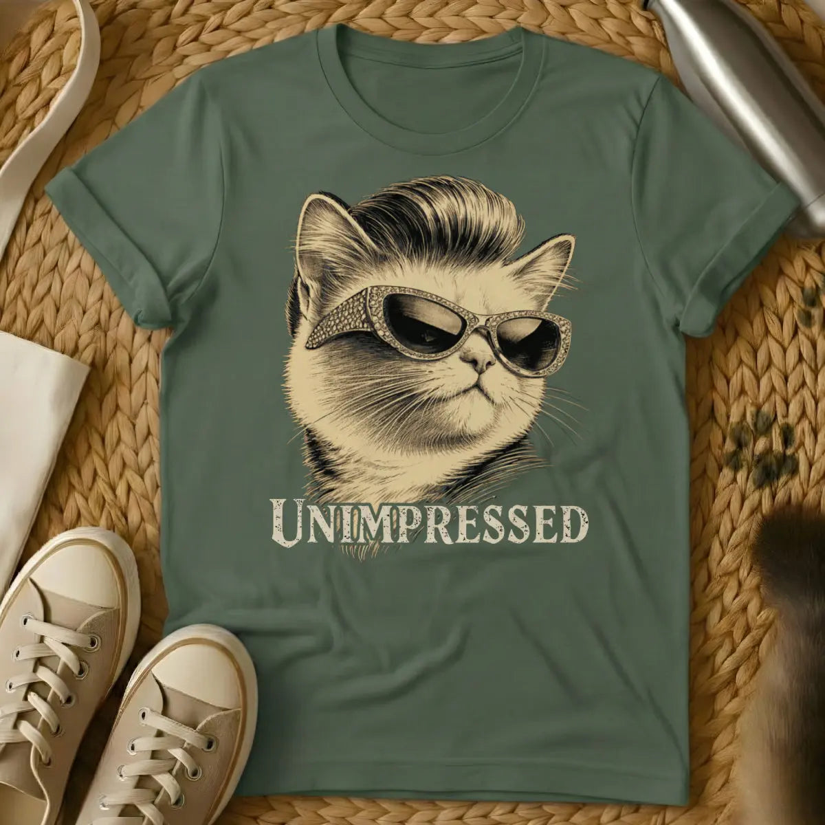 Rockabilly Cat Tee - Military Green Cat T-Shirt