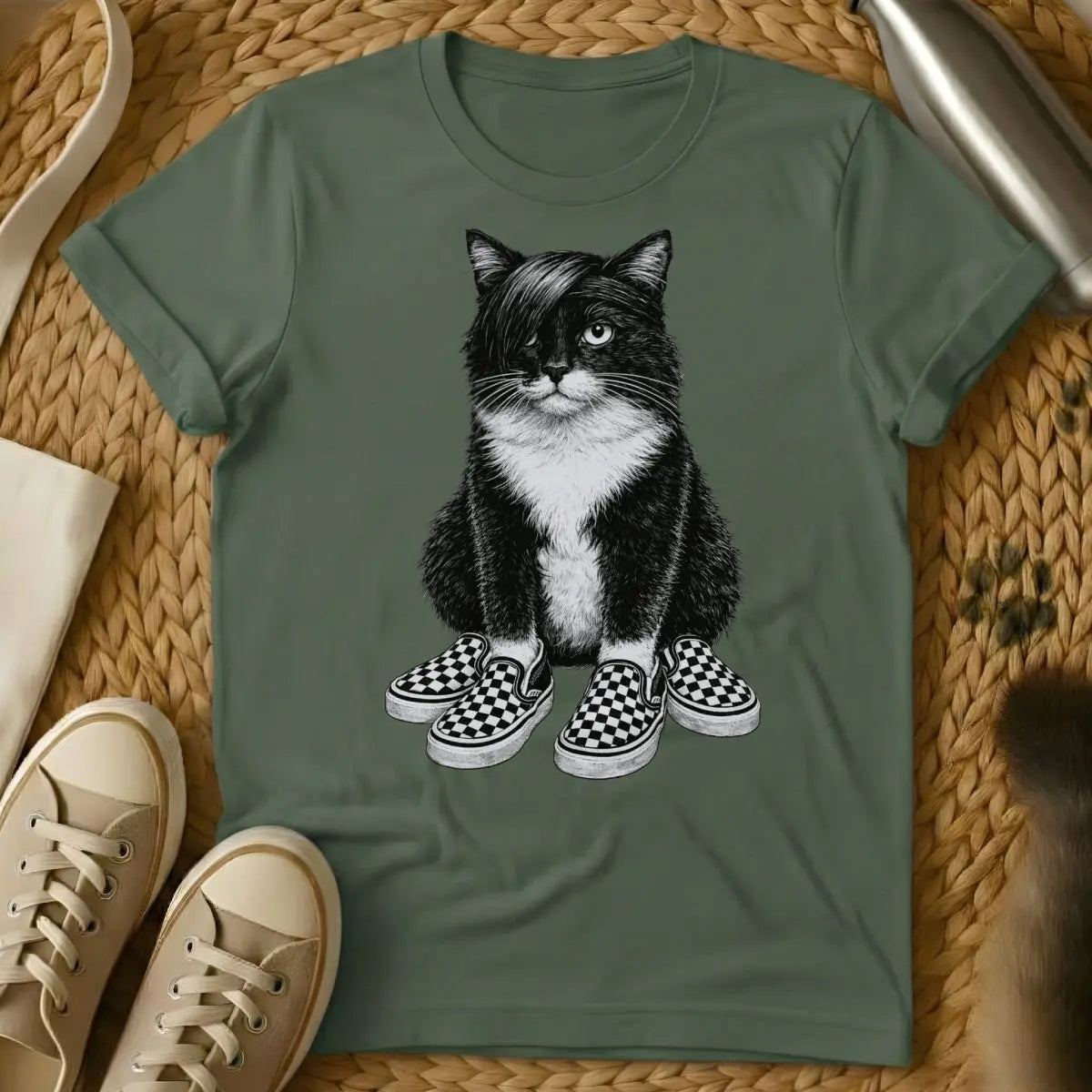 Emo Cat Shirt - Military Green T-Shirt - angsty cat design, eyeliner cat art, miserable cat art