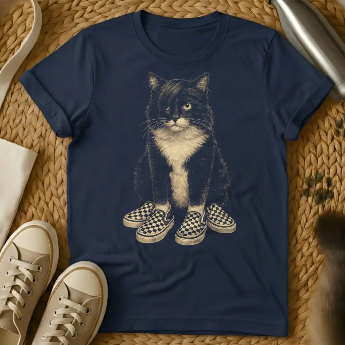 Emo Cat Shirt - Navy T-Shirt - angsty cat design, eyeliner cat art, miserable cat art