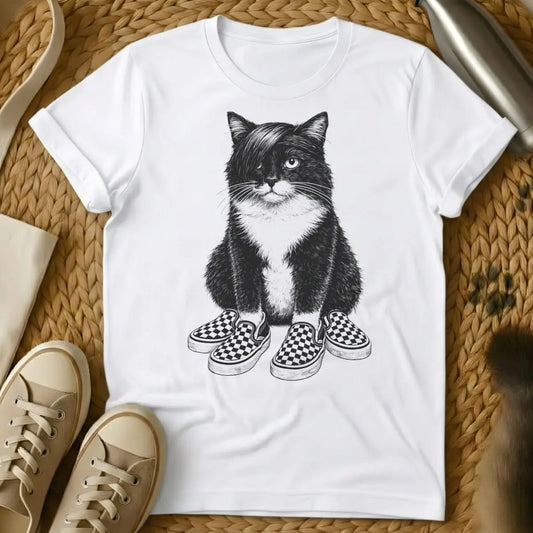 Emo Cat Shirt - White T-Shirt - angsty cat design, eyeliner cat art, miserable cat art