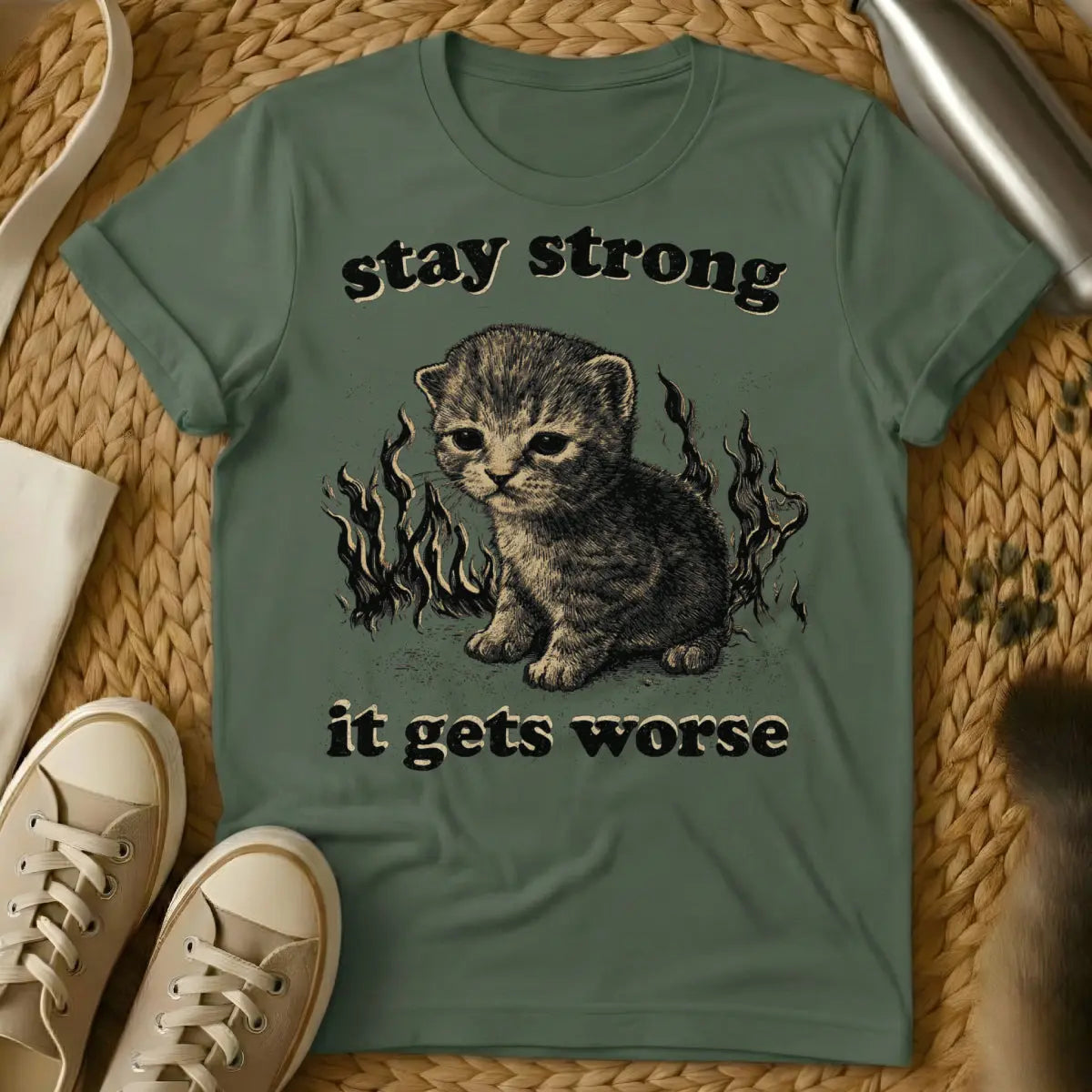 Sarcastic Motivational Tee - Military Green Cat T-Shirt