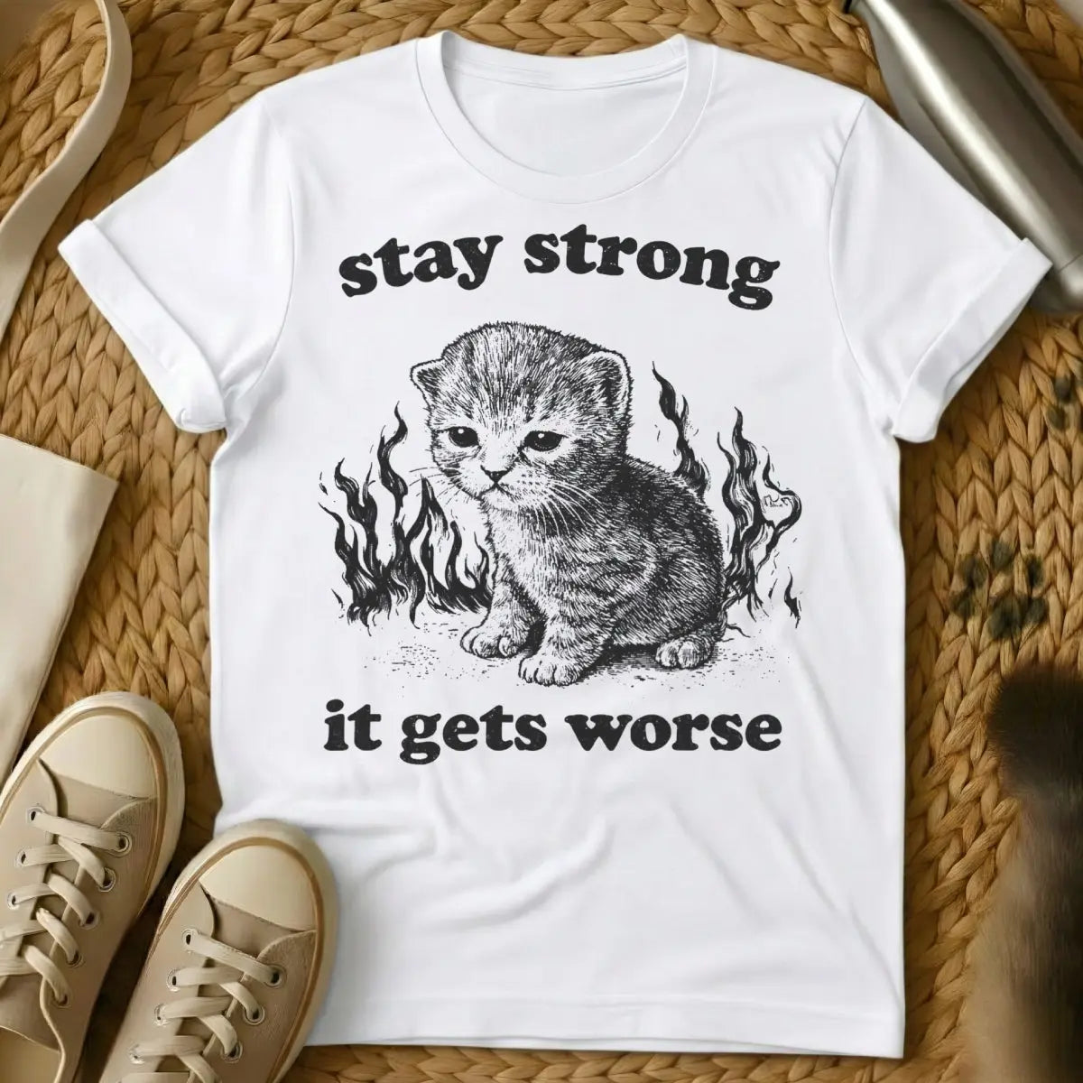 Sarcastic Motivational Tee - White Cat T-Shirt