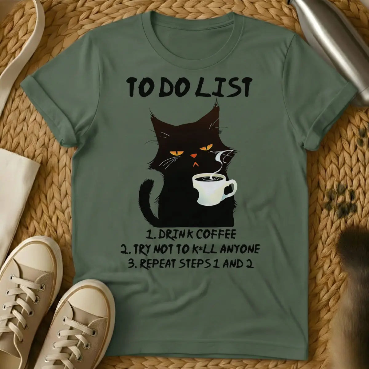 Drink Coffee Tee - Military Green T-Shirt - caffeine dependency humor, introvert cat parent, morning routine humor