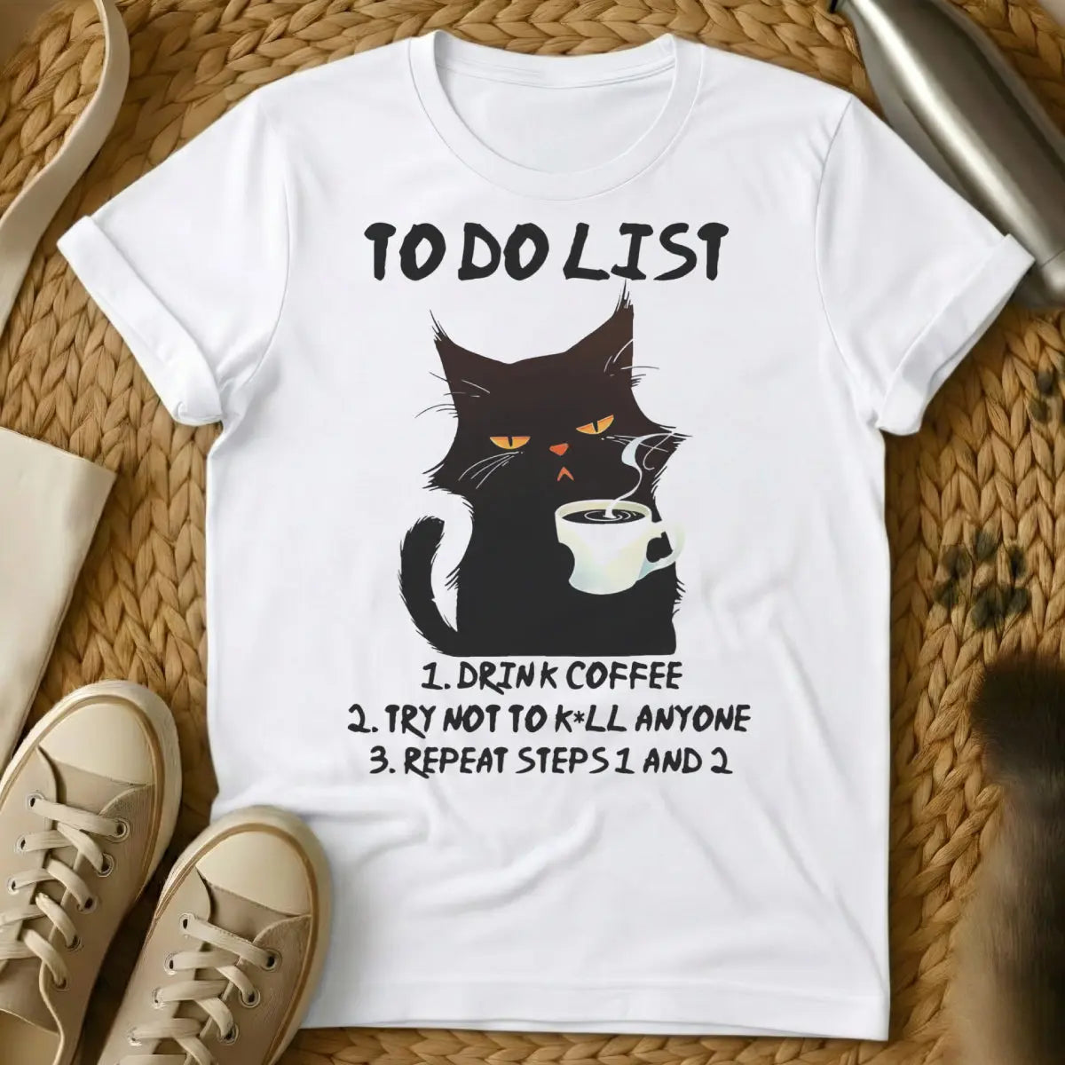 Drink Coffee Tee - White T-Shirt - caffeine dependency humor, introvert cat parent, morning routine humor