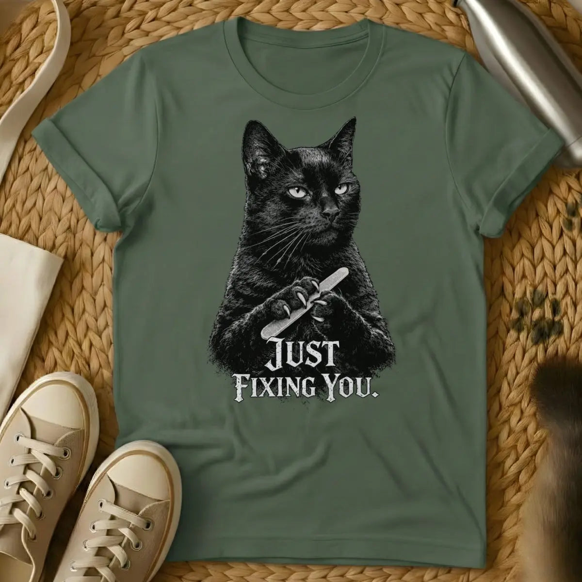 Murder Mittens Tee - Military Green Cat T-Shirt