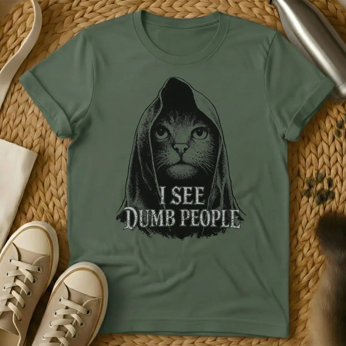 I See Dumb People Shirt - Military Green Cat T-Shirt