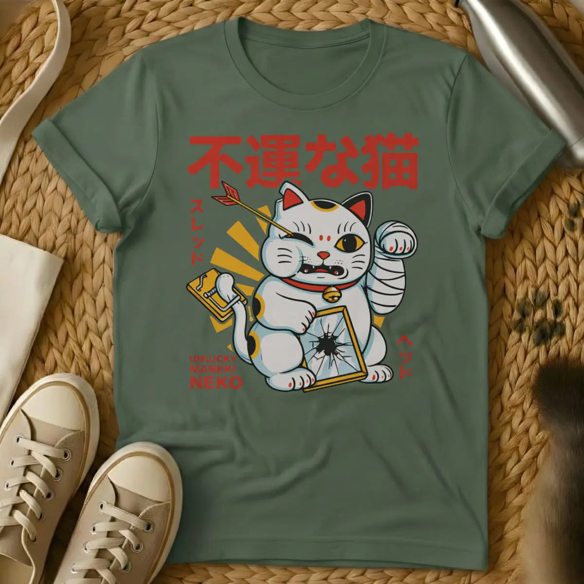 Bad Luck Cat Shirt - Military Green T-Shirt - anti-superstition, gothic pet, occult cat