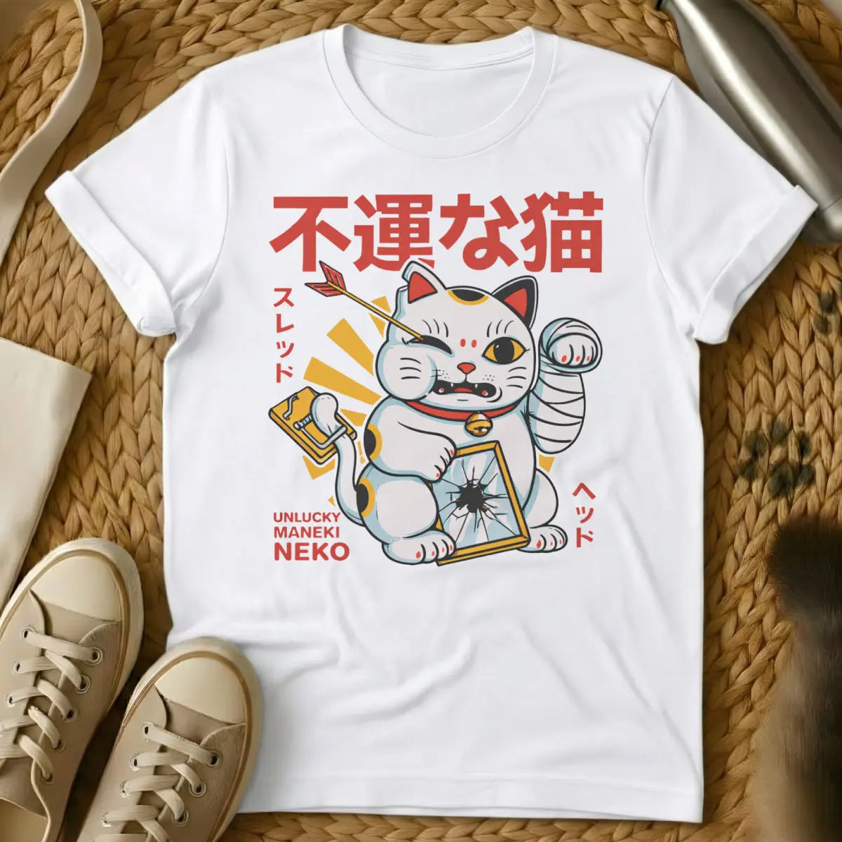 Bad Luck Cat Shirt - White T-Shirt - anti-superstition, gothic pet, occult cat