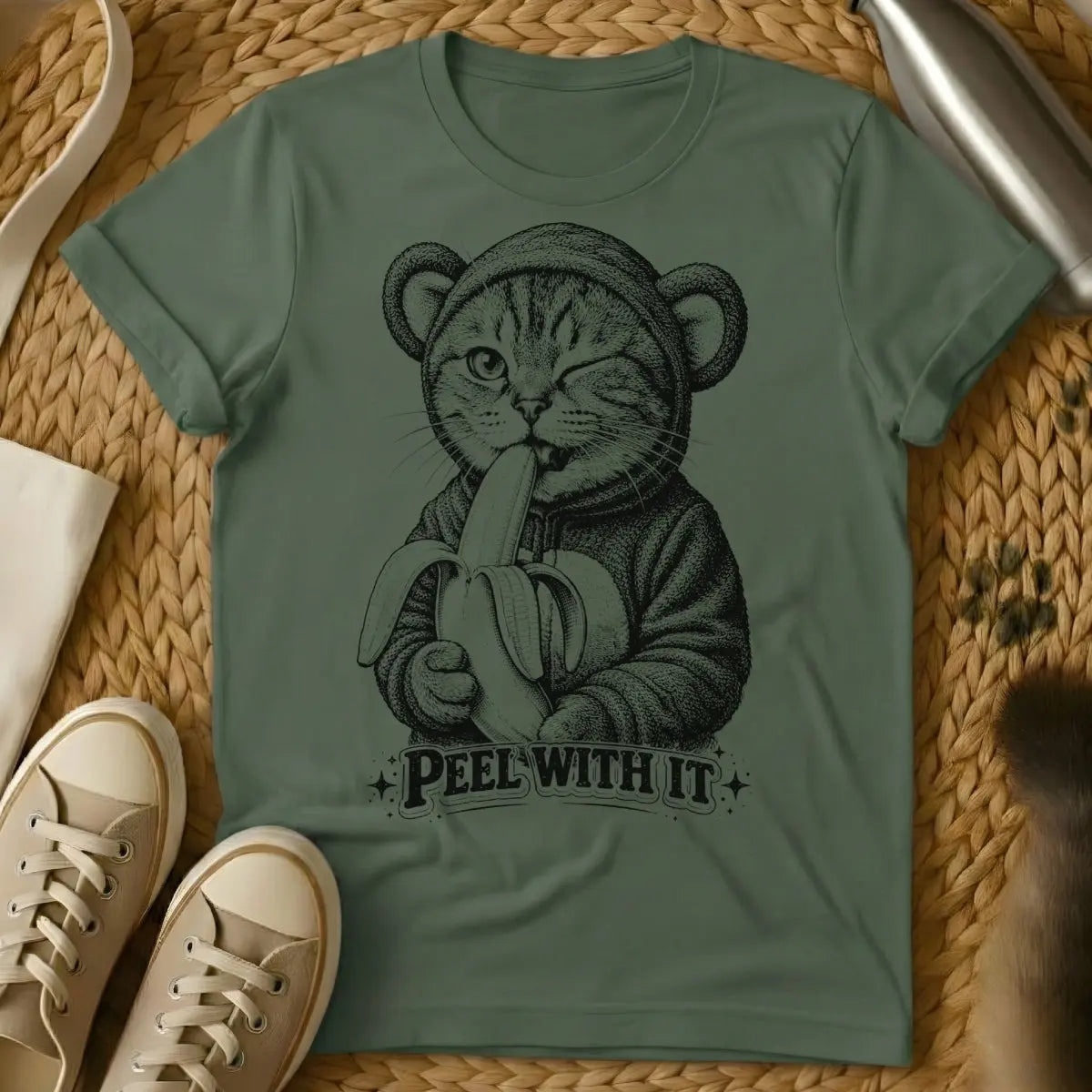 Peel With It Shirt - Military Green Cat T-Shirt