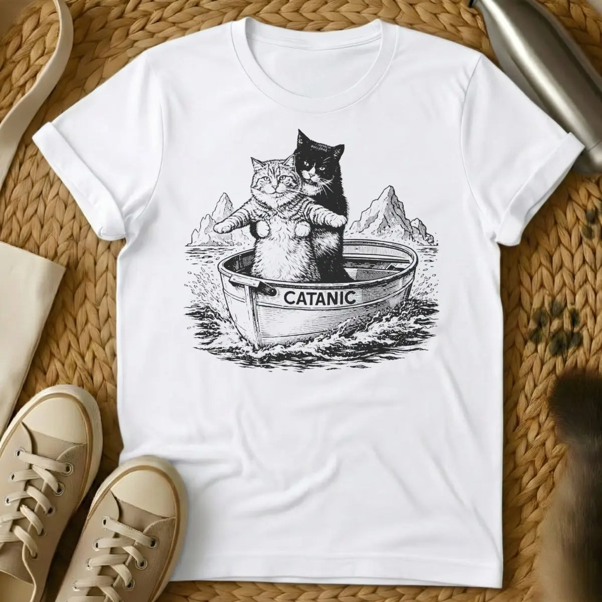 Catanic Shirt - White T-Shirt - gothic cat, macabre humor, occult cat