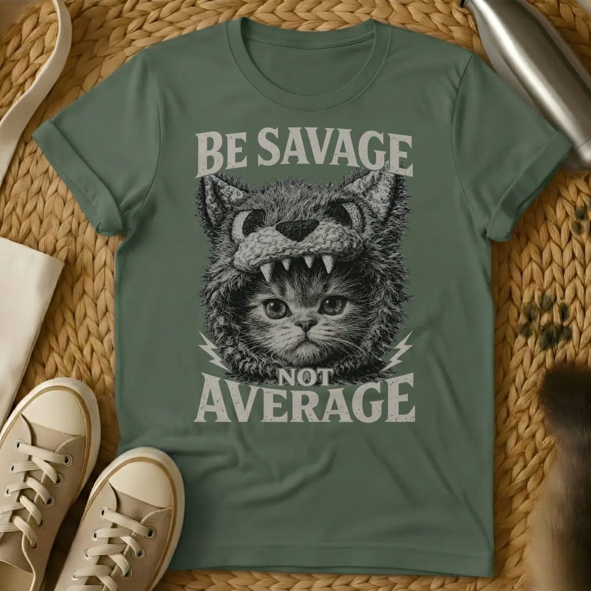 Be Savage Not Average Shirt - Military Green T-Shirt - alpha feline, boss cat energy, empowered cat lover