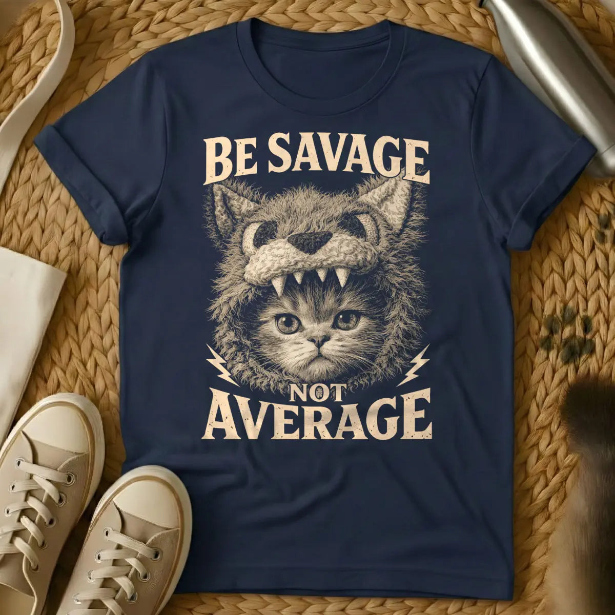 Be Savage Not Average Shirt - Navy T-Shirt - alpha feline, boss cat energy, empowered cat lover