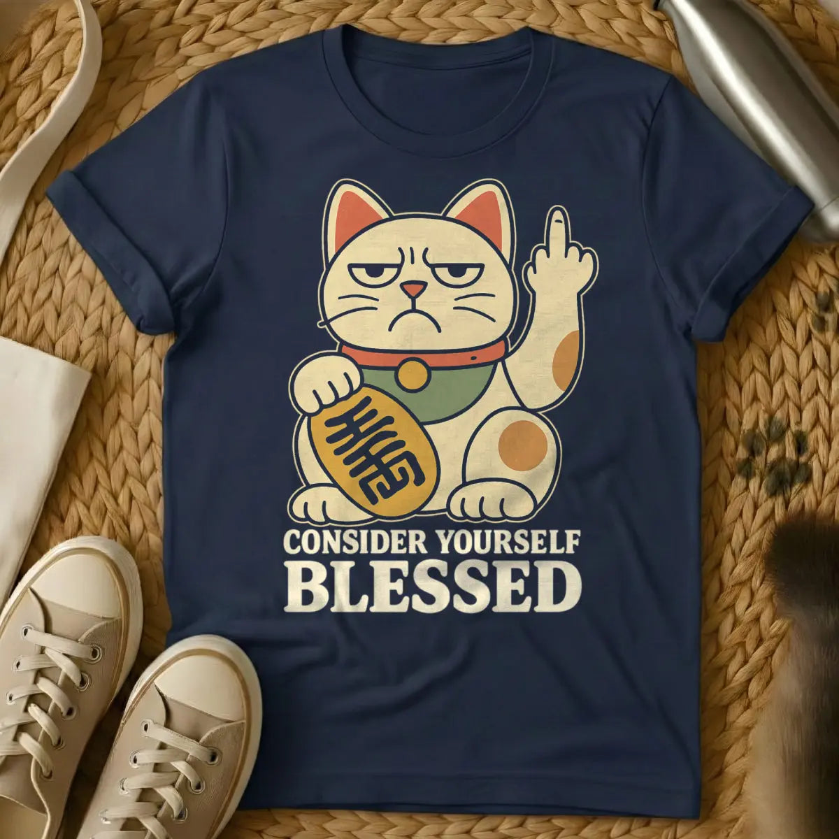 Maneki Neko Cat Shirt - Navy Cat T-Shirt