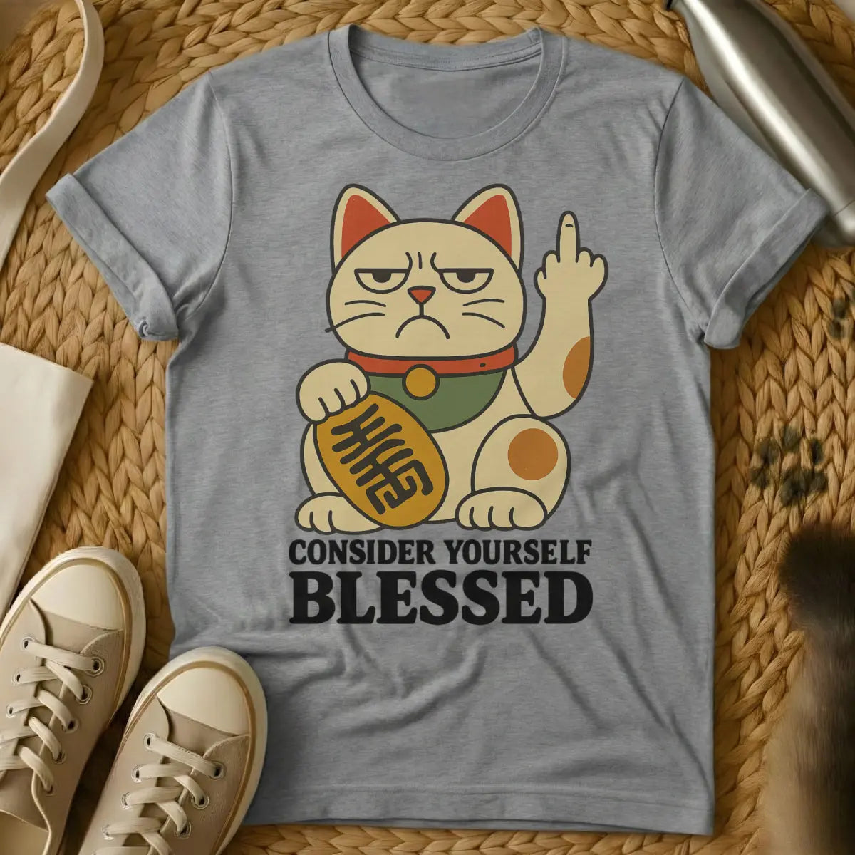 Maneki Neko Cat Shirt - Gray Cat T-Shirt