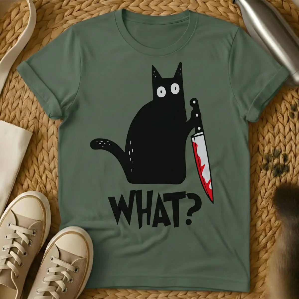 What Cat T-Shirt - Military Green Cat T-Shirt