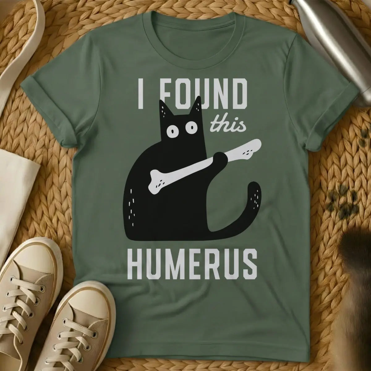 I Found This Humerus Cat Shirt - Military Green Cat T-Shirt