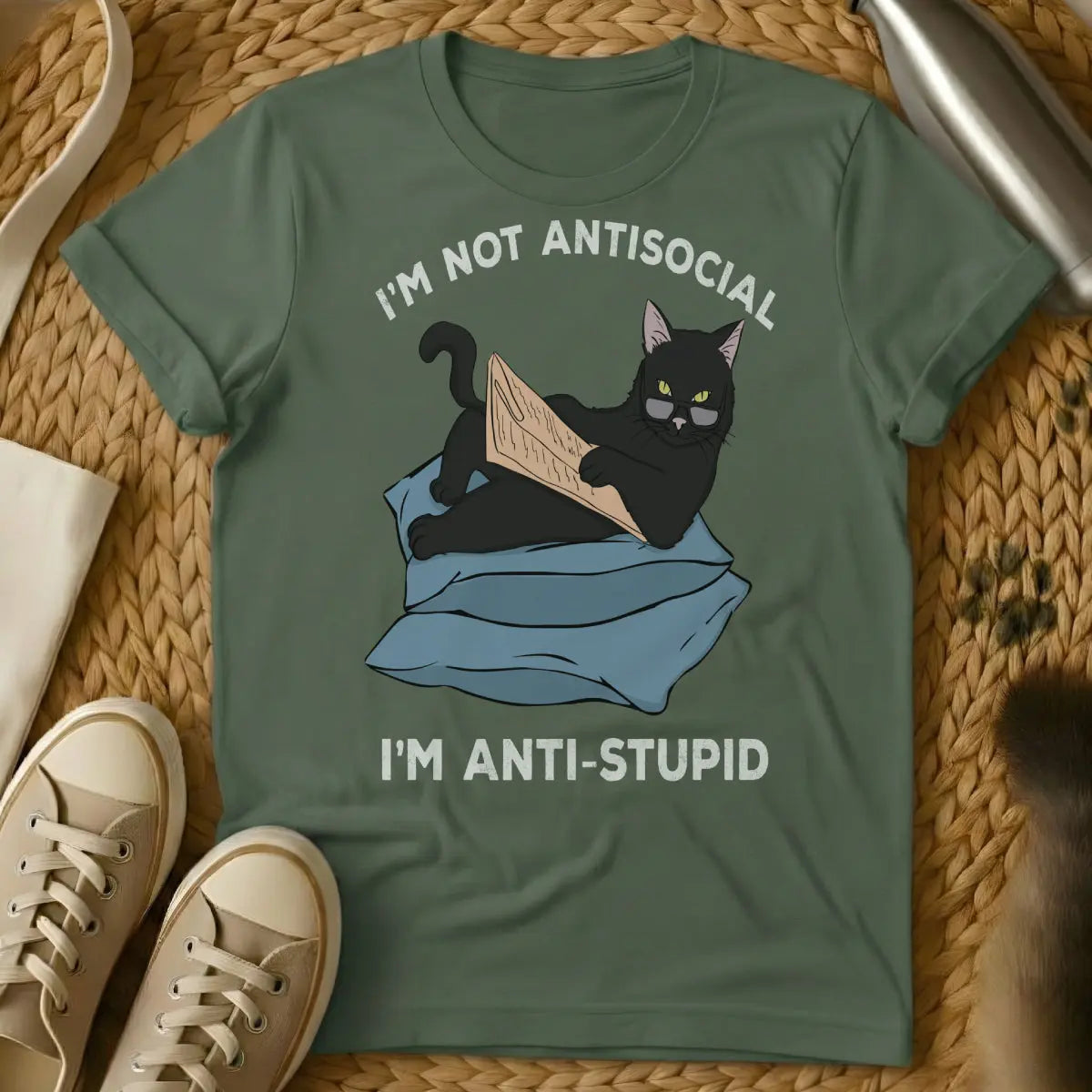 Antisocial Cat Shirt - Military Green T-Shirt - feline philosophy, grumpy cat aesthetic, homebody philosophy